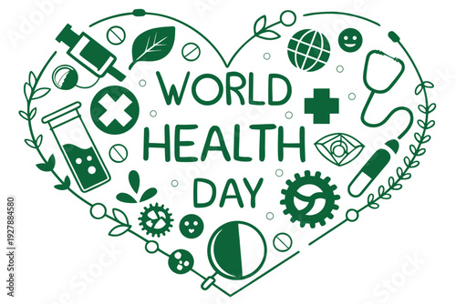 A vibrant vector illustration celebrating World Health Day, showcasing essential medical and wellness icons arranged artfully within a symbolic heart-shaped outline graphic design.
