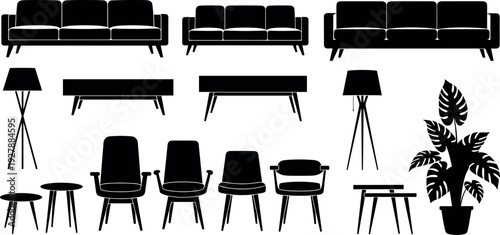 Modern living room furniture silhouette set with sofa chair table and lamp