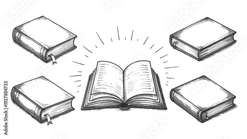 Open book with surrounding books sketch illustration representing education knowledge and learning concept