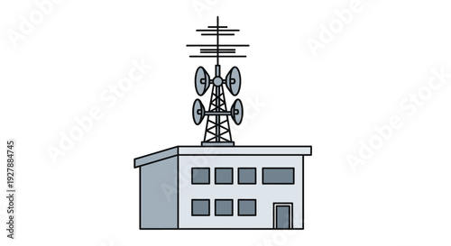 Telecommunication tower on a building rooftop with antennas.