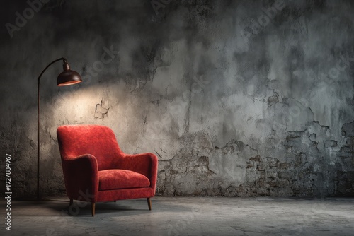 Single red armchair illuminated by a floor lamp against a textured wall.
