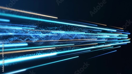 Futuristic blue streaks of light move swiftly through a dark environment