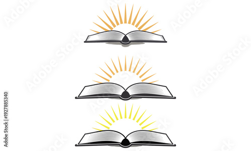 Open book with sun rays line icon education knowledge enlightenment symbol set isolated on white background