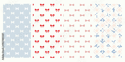Various seamless patterns featuring bows crosses and diamond shapes in muted red blue and pink color palettes
