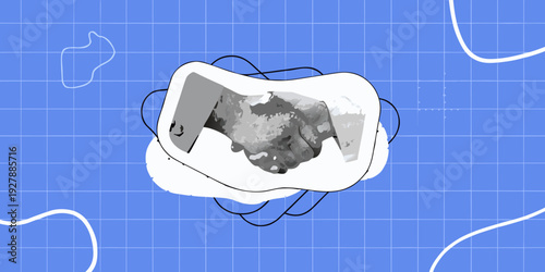 Abstract illustration depicting a handshake inside a white shape on a blue grid background