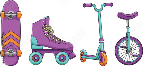 Colorful cartoon set of urban sports equipment including purple skateboard roller skates scooter and unicycle isolated on white background together