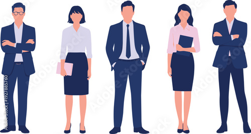 Business professionals standing portrait collection, office staff team with documents and folders, corporate avatar icons, flat vector illustration