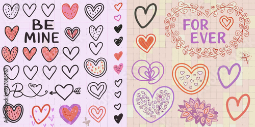 Whimsical Valentine s day design featuring hearts floral doodles and the phrase be mine forever