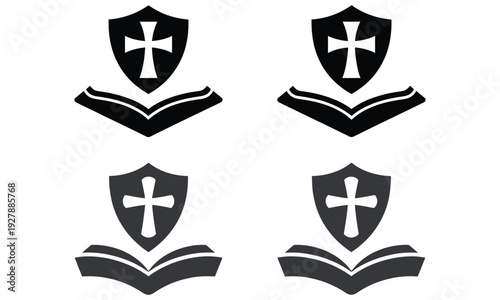 Christian shield with cross and open book logo vector illustration isolated on white background 