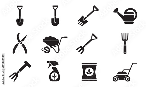 Set of gardening tools and equipment icons in black silhouette on white background