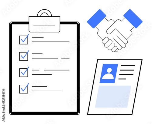 Recruitment concept. Recruitment with icons thumbs up a checklist, handshake, and resume. Recruitment for hiring processes, employee onboarding, HR management, workplace relations, career development