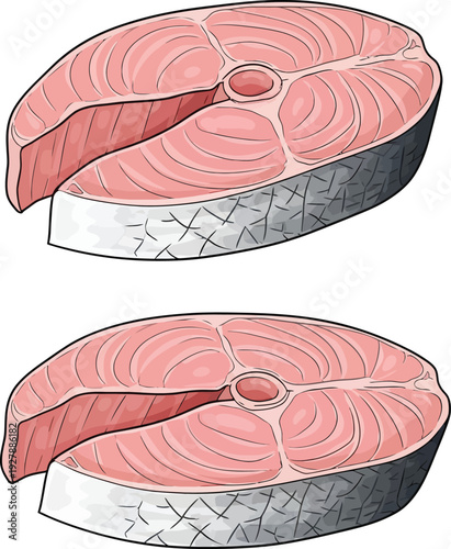 Two salmon steaks with pink flesh and silver skin on white background fish seafood