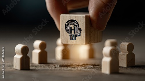Hand places wooden block featuring stylized human head with circuitry atop small figures representing team collaboration