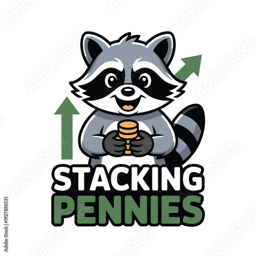 Cartoon Raccoon Holding Coins Stacking Pennies Logo Design