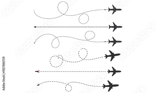 Airplane flight path dotted line vector illustration set 