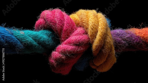 Thick, brightly colored fiber strands are tightly bound together in a central knot against a dark backdrop.