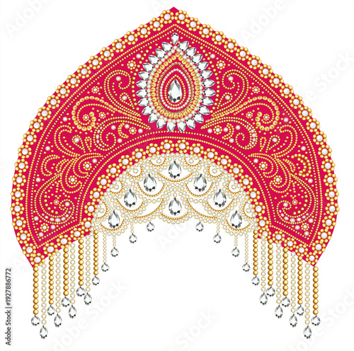 Luxurious traditional Russian kokoshnik with diamonds and gemstones in red, gold, and silver colors for cultural celebrations and weddings