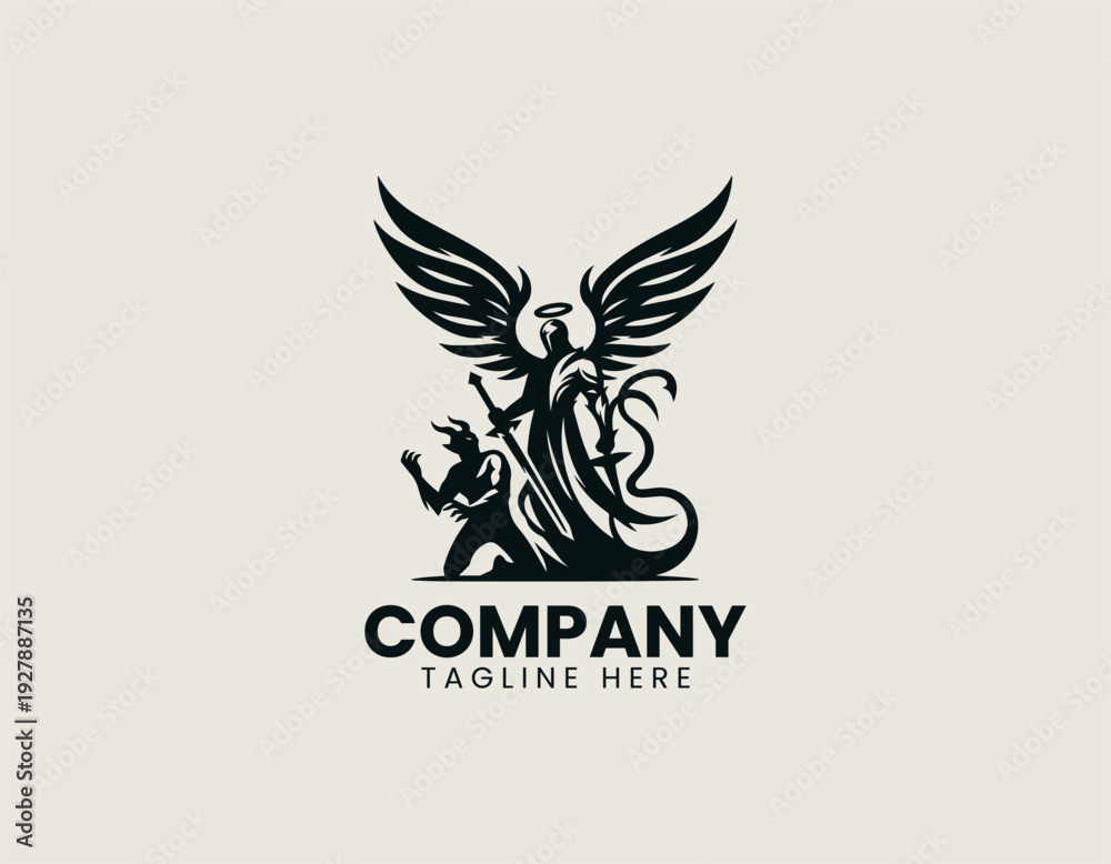 Fototapeta premium Angel warrior with wings holding sword over demon in clean modern symbolic vector illustration style