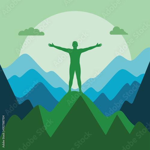 Green silhouette of a person standing triumphant atop a layered.