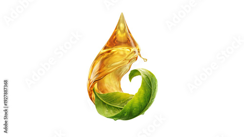 Golden oil drop over green leaf on transparent background. Concept of natural organic oil, bio fuel, and natural ingredients for cosmetics.