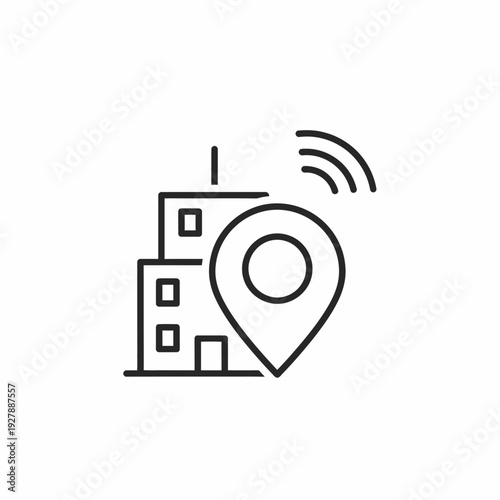 Abstract representation of a building with a location pin and signal waves, symbolizing smart city technology or real estate services