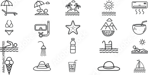Summer vacation icons for travel and leisure activities