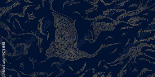 Elegant Japanese crane pattern, gold line art, background with flowing waves. Luxury vector illustration, Asian aesthetics, wallpapers, invitations, yoga branding, decorative covers, banners.