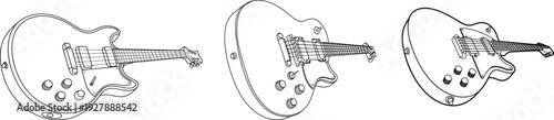 Collection Of Electric Guitar Vector Line Art Illustrations Featuring Three Different Perspectives For Musical Design