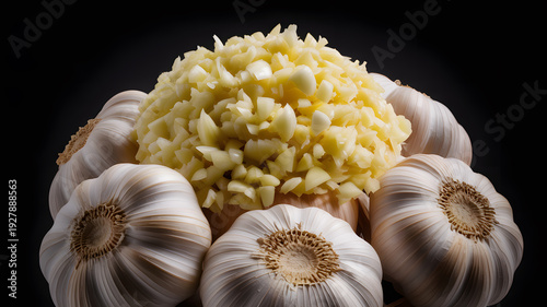 A close-up view of garlic bulbs and minced garlic on a black background