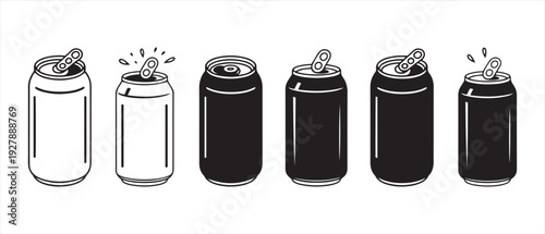 Set of Soda Cans, Two White and Four Black, Some Opened with Tabs, Clean Vector Illustration.