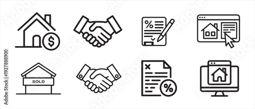 Real Estate Icons Set. House, Handshake, Contract, Sold Sign, Online Property Search & Mortgage Concepts.