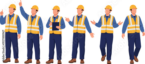 Vector illustration of professional electrical and construction workers wearing high visibility vests and hard hats, pointing and holding clipboards for safety,