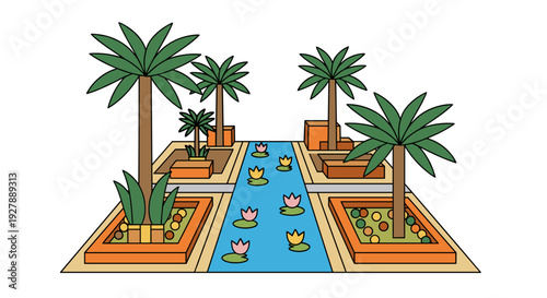 Palm Trees and Water Lilies in Pool.