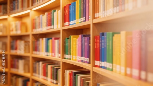 Library bookshelves with colorful books