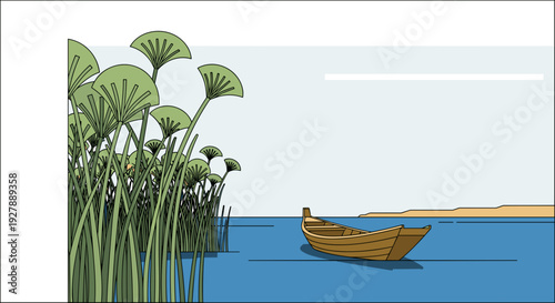 Serene Lake Scene with Boat and Water Lilies.