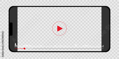 Realistic smartphone vector mockup with empty video player interface. Mobile phone screen displaying play button and progress bar. Digital multimedia player template concept.