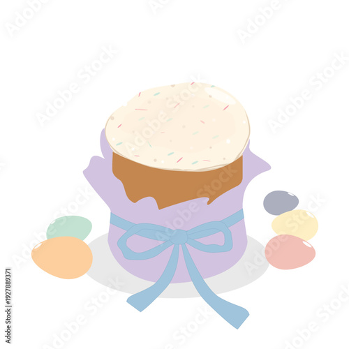 Pastel Easter kulich cake with icing, sprinkles and decorated eggs. Traditional festive sweet bread for greeting cards, spring holiday design and seasonal templates.