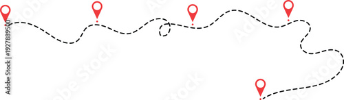 Dotted curve black line with red location travel pin on isolated transparent background 