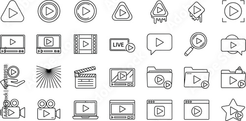 Video Play Button and Media Control Outline Icon Set Featuring Streaming, Playback, Live Video, Player Interface, and Multimedia Symbols for Web and App Design