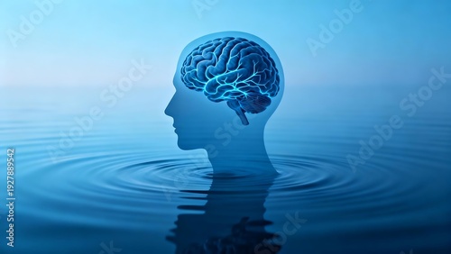 Human head with brain in water