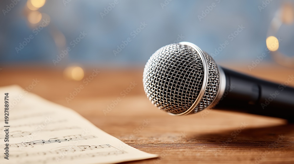 Obraz premium Microphone and Sheet Music: A close-up shot of a microphone resting beside a sheet of music, capturing the essence of musical performance and studio recording.