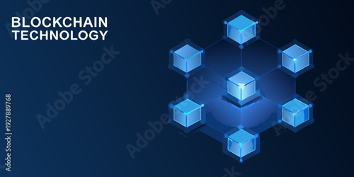 Blockchain technology concept with interconnected glowing cubes on a dark background