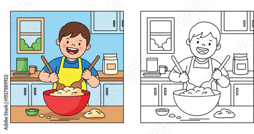Cute little boy cooking and mixing dough in kitchen. Vector illustration showing colorful version and black and white line art coloring book page for kids.
