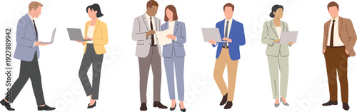 Business professionals working with laptops documents set, office employees teamwork concept, corporate staff characters, flat vector illustration collection