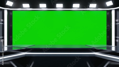 Modern TV studio with green screen and sleek black set