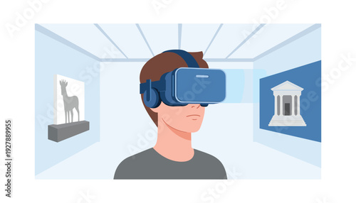 Man experiencing virtual reality in modern art gallery with VR headset