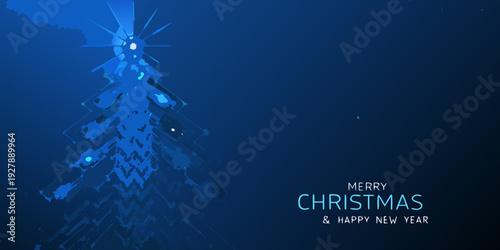 Abstract blue christmas tree with celebratory text and sparkling effects