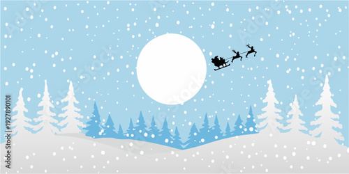 Santa claus and reindeer fly across a winter wonderland scene