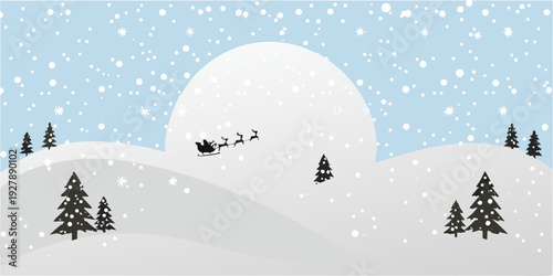 Santa claus flies his sleigh over a snowy winter landscape