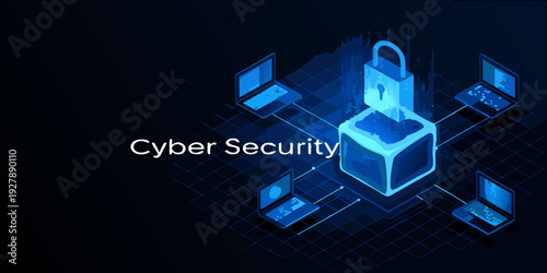 Cyber security concept with laptops a padlock and network connections